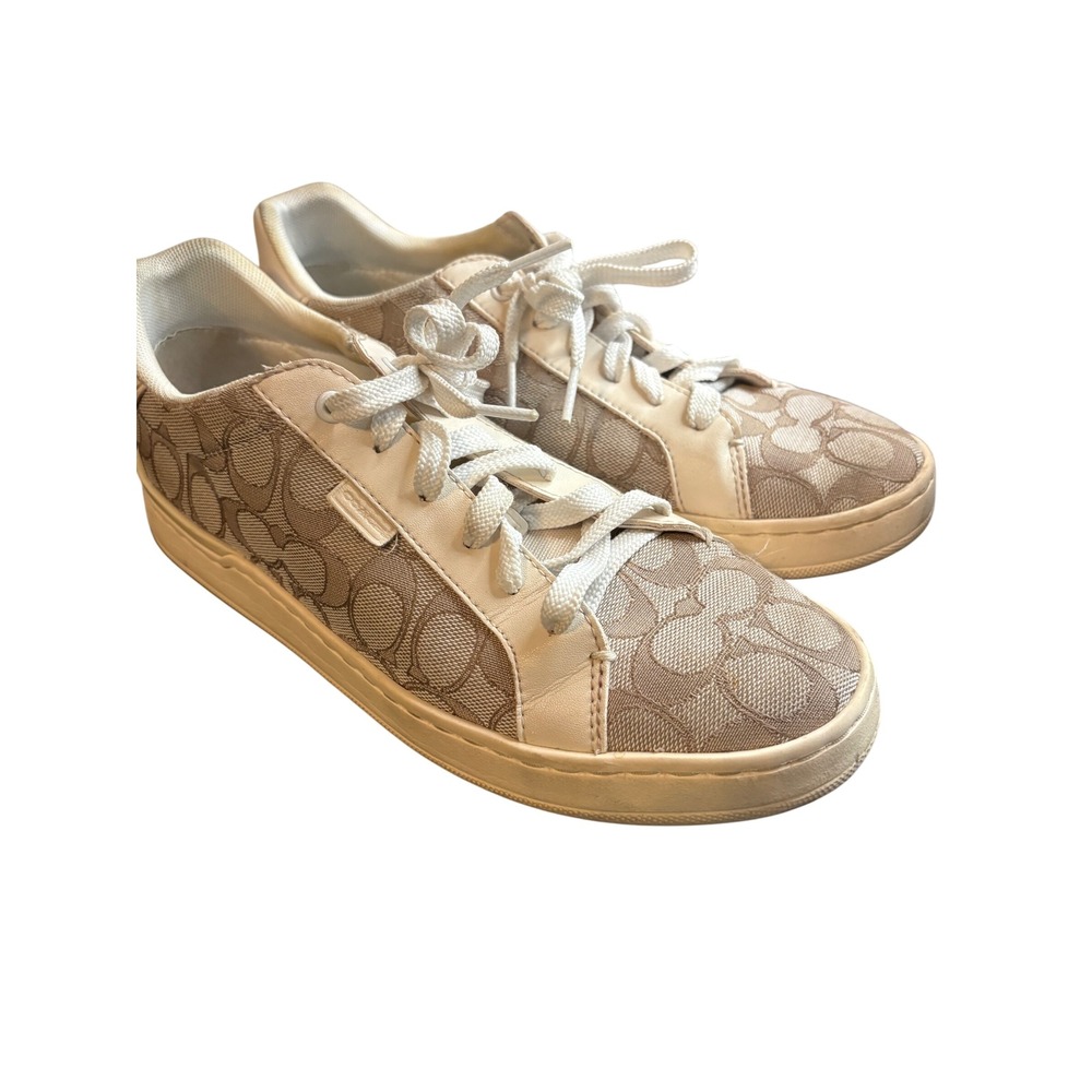 Coach Womens Signature Monogram Canvas Leather Low Top Sneakers Cream Tan 9B